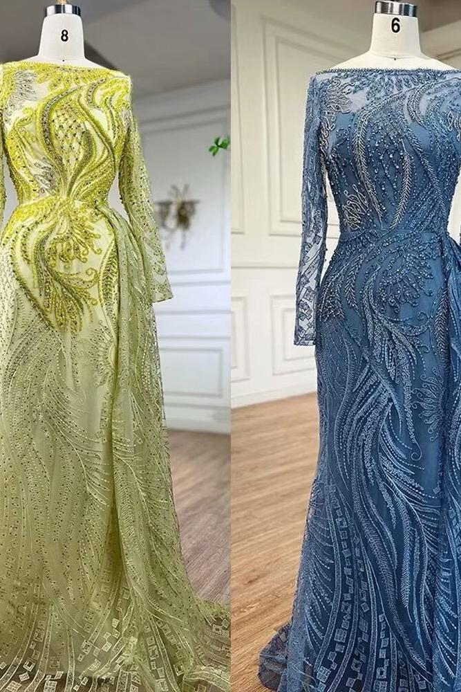 Blue Mermaid Prom Dress Long Sleeve Bateau Neck Evening Dress With Lace Appliques