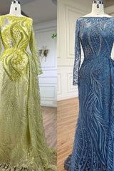 Blue Mermaid Prom Dress Long Sleeve Bateau Neck Evening Dress With Lace Appliques