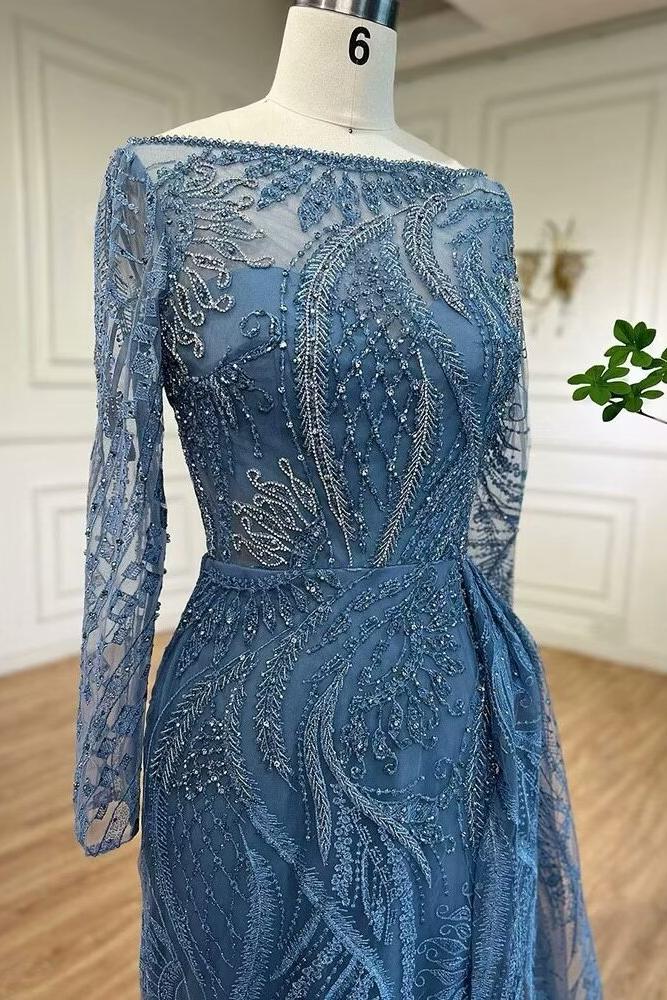 Blue Mermaid Prom Dress Long Sleeve Bateau Neck Evening Dress With Lace Appliques