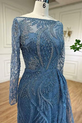 Blue Mermaid Prom Dress Long Sleeve Bateau Neck Evening Dress With Lace Appliques