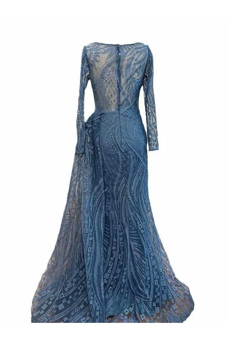 Blue Mermaid Prom Dress Long Sleeve Bateau Neck Evening Dress With Lace Appliques
