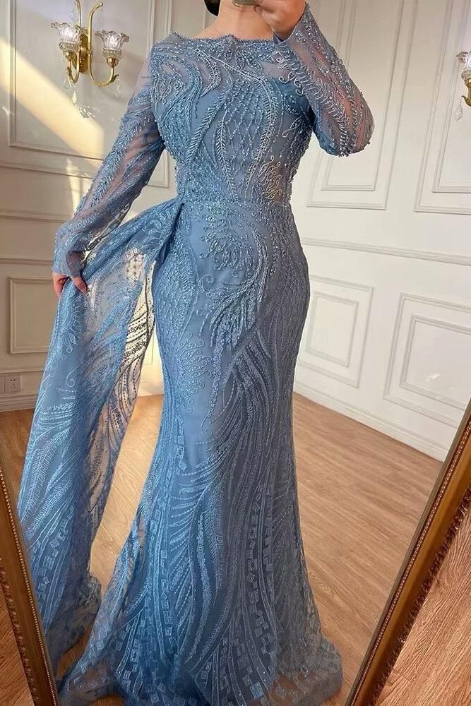 Blue Mermaid Prom Dress Long Sleeve Bateau Neck Evening Dress With Lace Appliques
