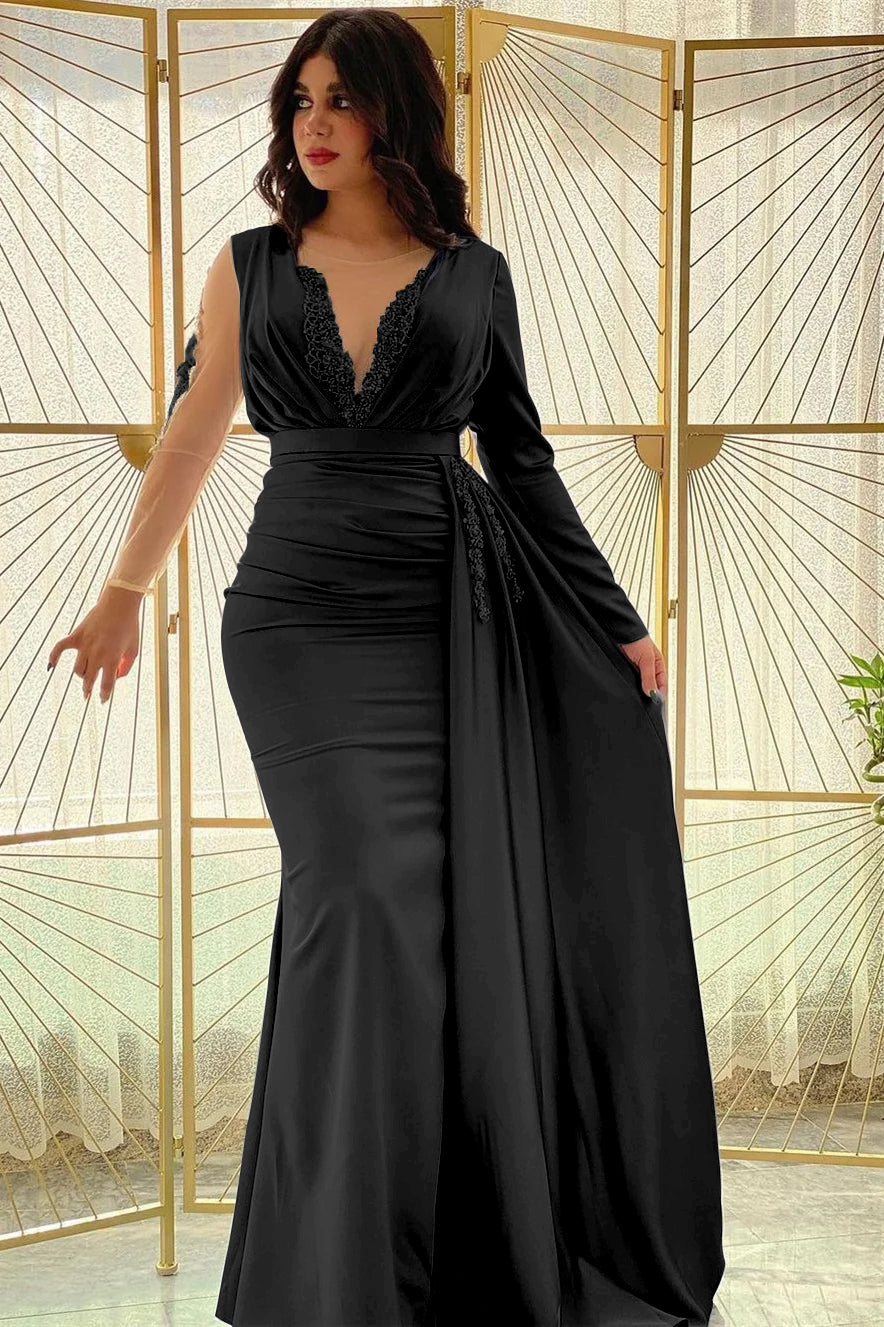 Blue Mermaid Prom Dress Long Sleeve Beaded Evening Dress