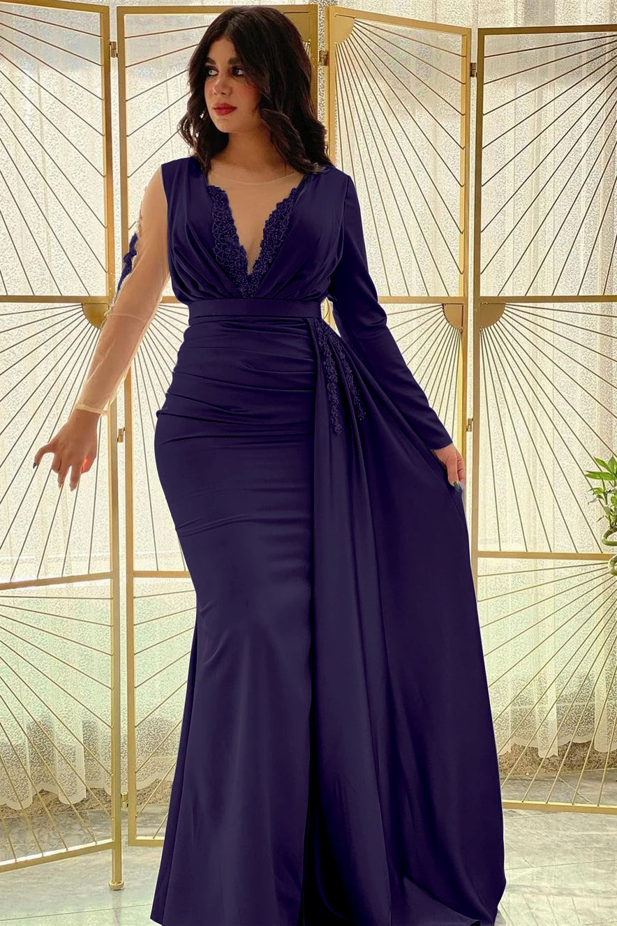 Blue Mermaid Prom Dress Long Sleeve Beaded Evening Dress