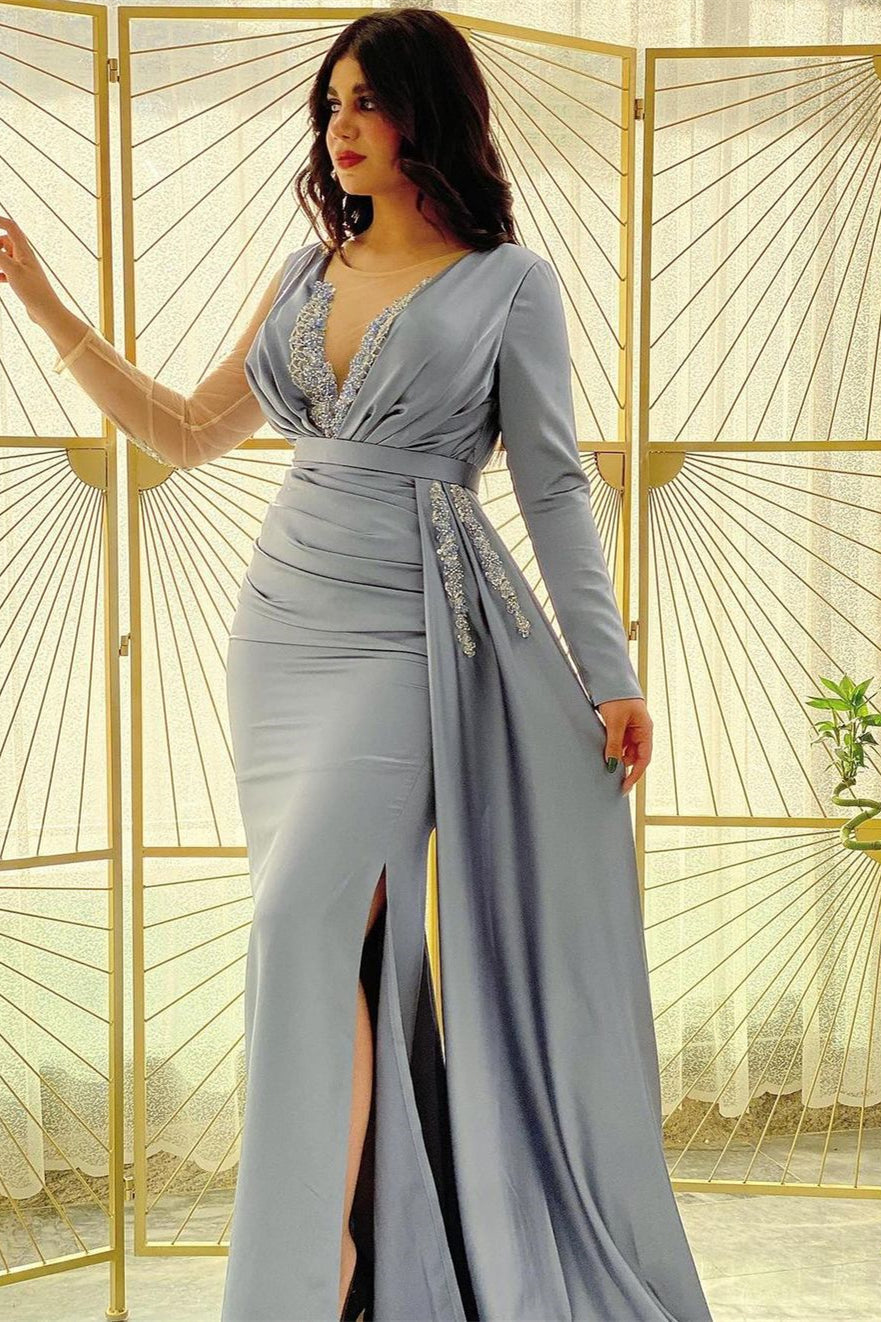 Blue Mermaid Prom Dress Long Sleeve Beaded Evening Dress