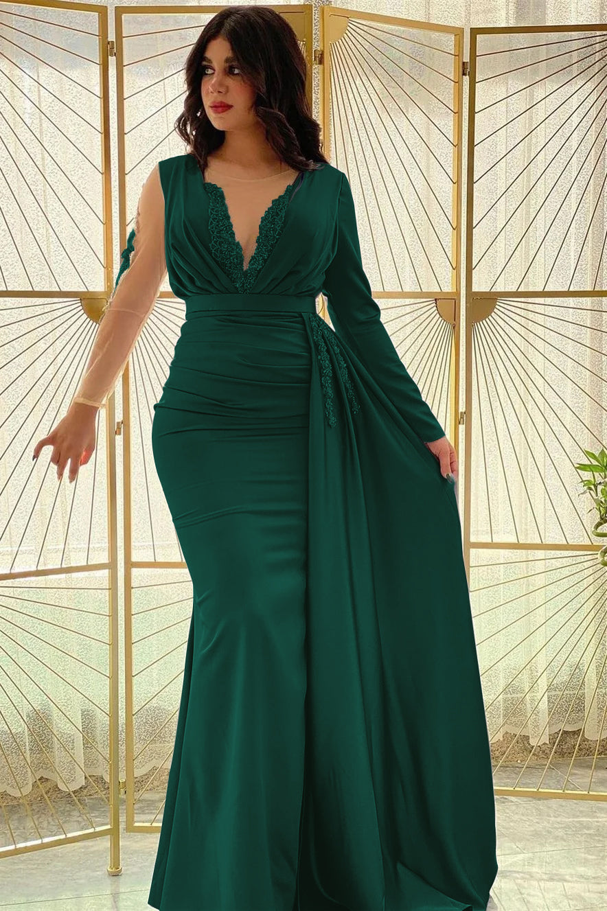 Blue Mermaid Prom Dress Long Sleeve Beaded Evening Dress