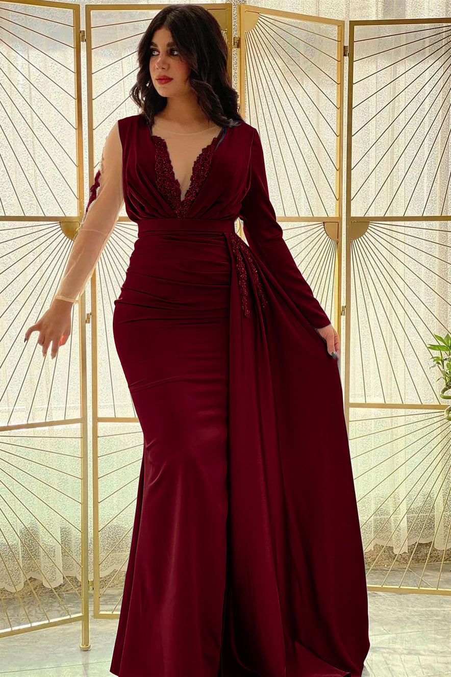 Blue Mermaid Prom Dress Long Sleeve Beaded Evening Dress