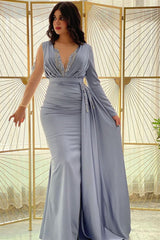 Blue Mermaid Prom Dress Long Sleeve Beaded Evening Dress