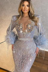 Blue Mermaid Prom Dress Long Sleeve Evening Dress