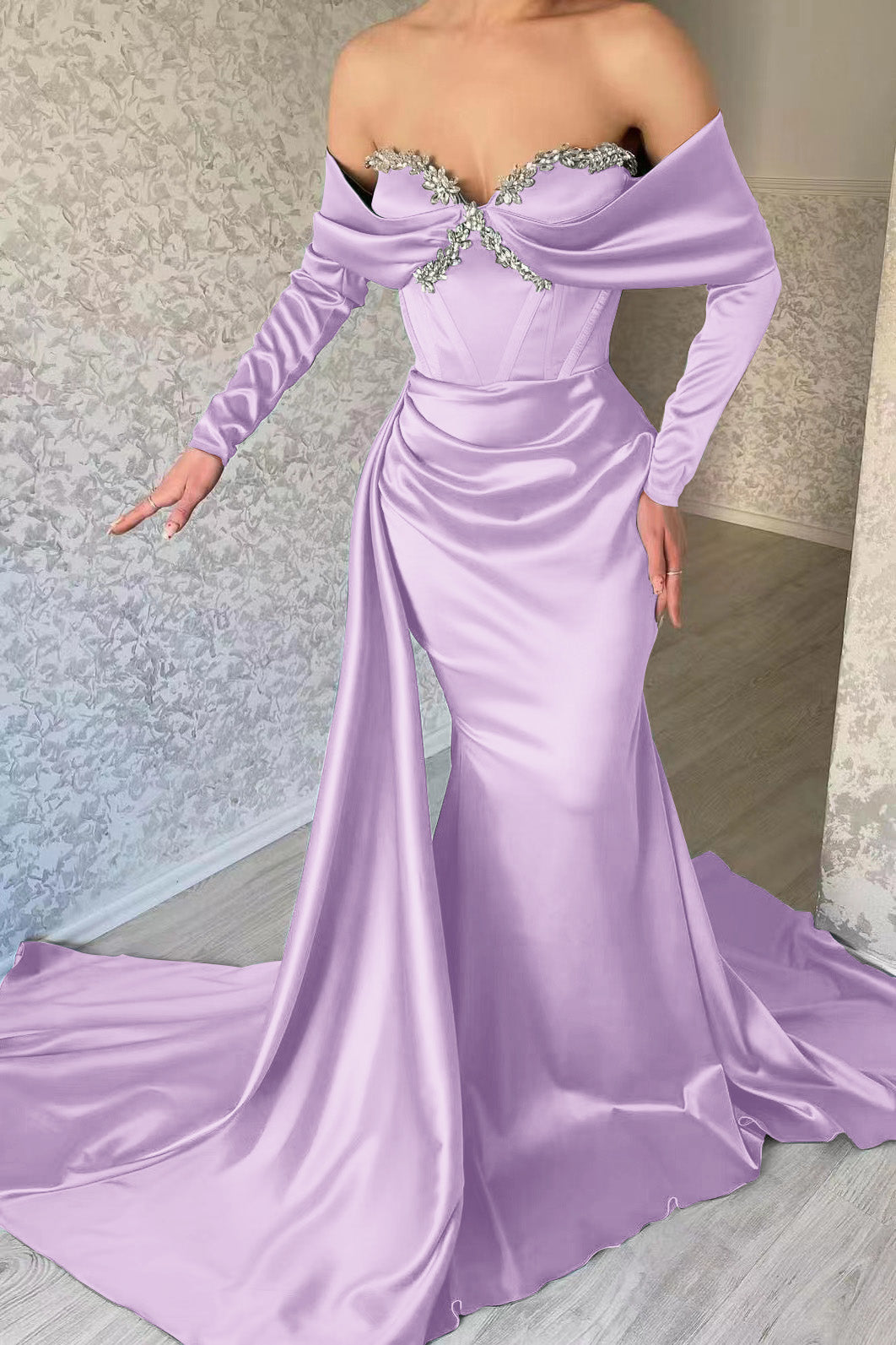 Blue Mermaid Prom Dress Long Sleeve Off the Shoulder Beaded Evening Dress