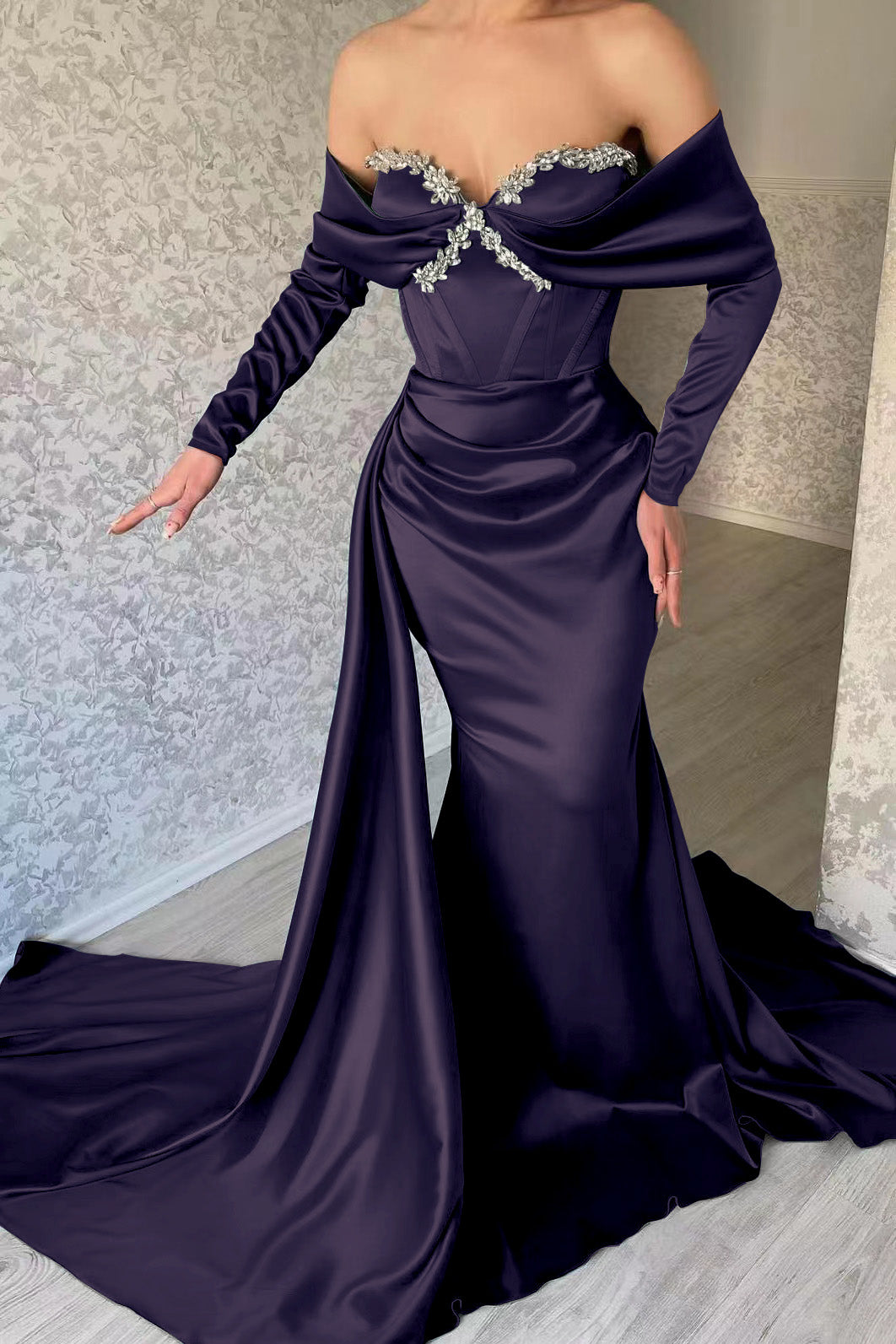 Blue Mermaid Prom Dress Long Sleeve Off the Shoulder Beaded Evening Dress