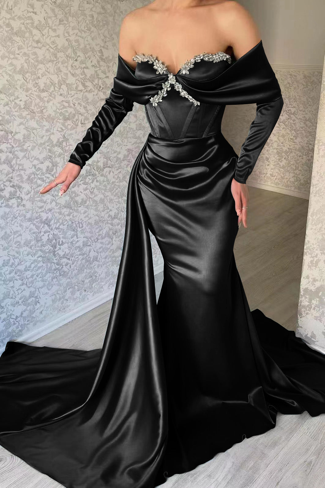 Blue Mermaid Prom Dress Long Sleeve Off the Shoulder Beaded Evening Dress