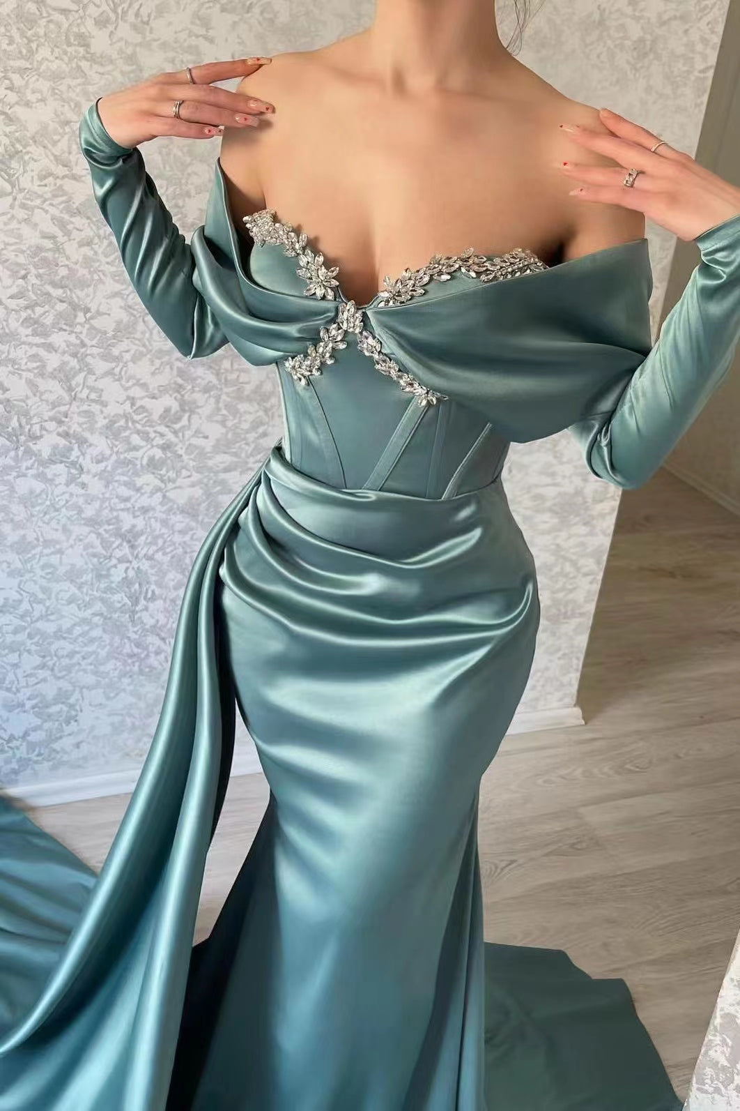 Blue Mermaid Prom Dress Long Sleeve Off the Shoulder Beaded Evening Dress