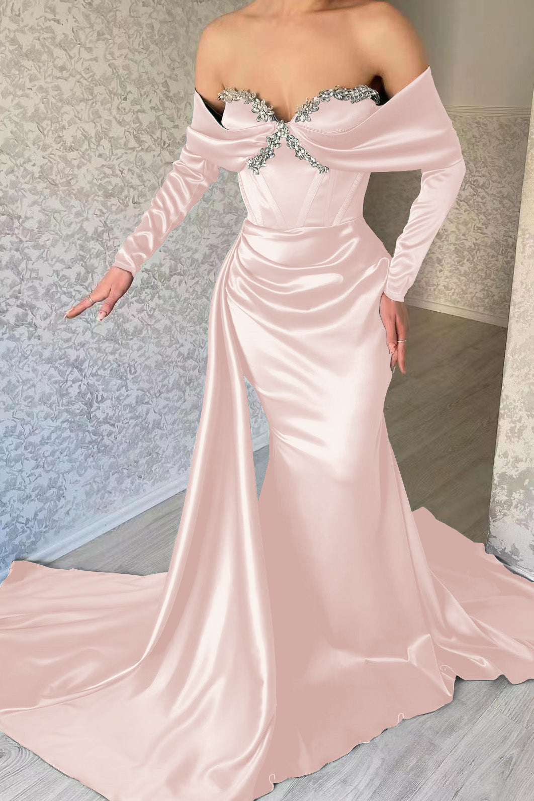 Blue Mermaid Prom Dress Long Sleeve Off the Shoulder Beaded Evening Dress
