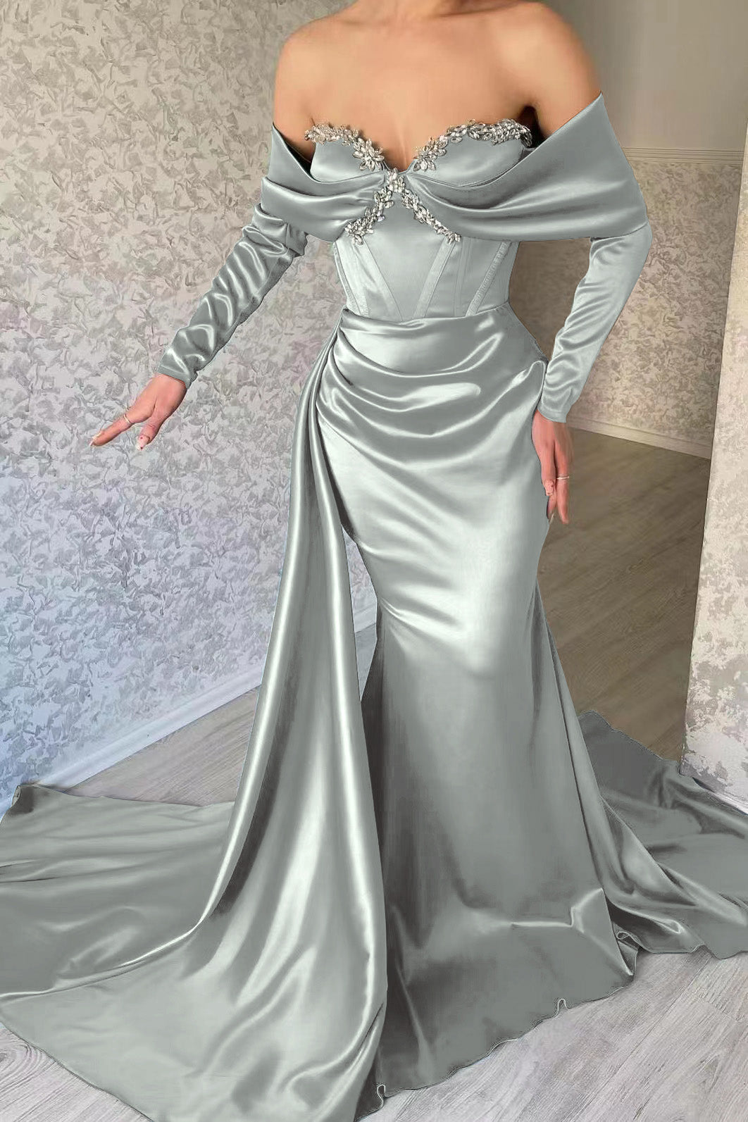 Blue Mermaid Prom Dress Long Sleeve Off the Shoulder Beaded Evening Dress