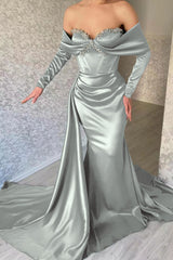 Blue Mermaid Prom Dress Long Sleeve Off the Shoulder Beaded Evening Dress