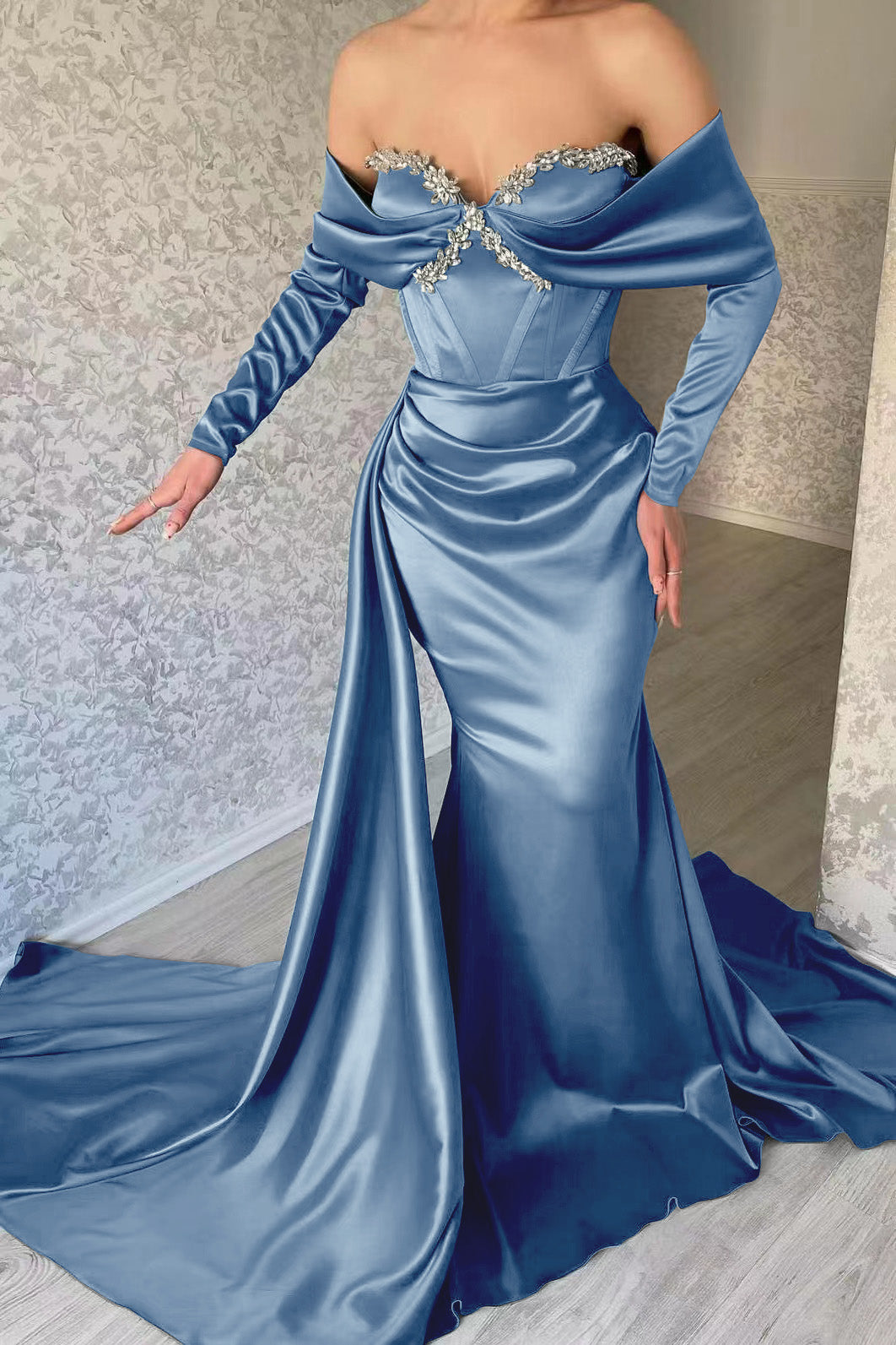 Blue Mermaid Prom Dress Long Sleeve Off the Shoulder Beaded Evening Dress