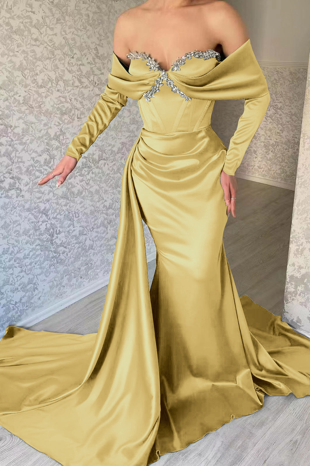 Blue Mermaid Prom Dress Long Sleeve Off the Shoulder Beaded Evening Dress