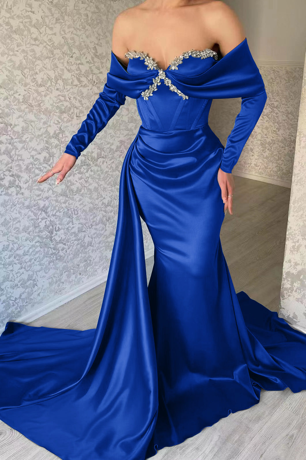 Blue Mermaid Prom Dress Long Sleeve Off the Shoulder Beaded Evening Dress