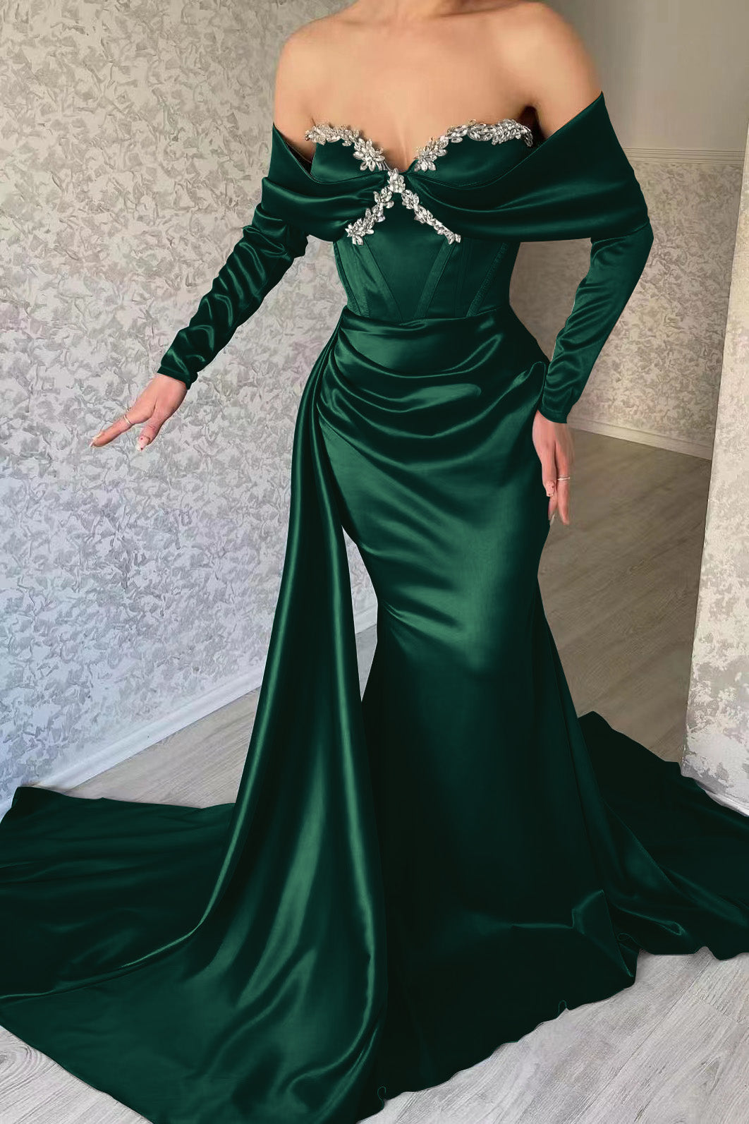 Blue Mermaid Prom Dress Long Sleeve Off the Shoulder Beaded Evening Dress