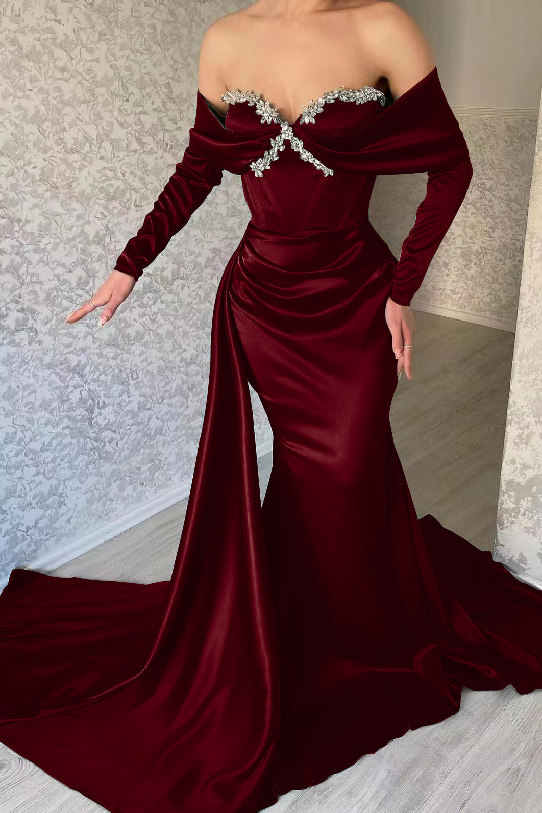 Blue Mermaid Prom Dress Long Sleeve Off the Shoulder Beaded Evening Dress