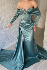 Blue Mermaid Prom Dress Long Sleeve Off the Shoulder Beaded Evening Dress