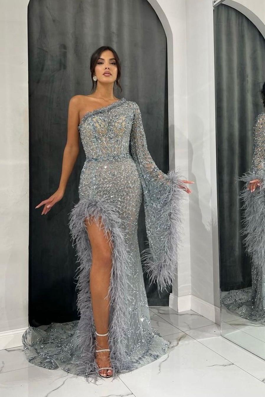 Blue Mermaid Prom Dress Long Sleeve One Shoulder Beaded Evening Dress