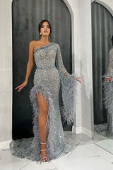 Blue Mermaid Prom Dress Long Sleeve One Shoulder Beaded Evening Dress