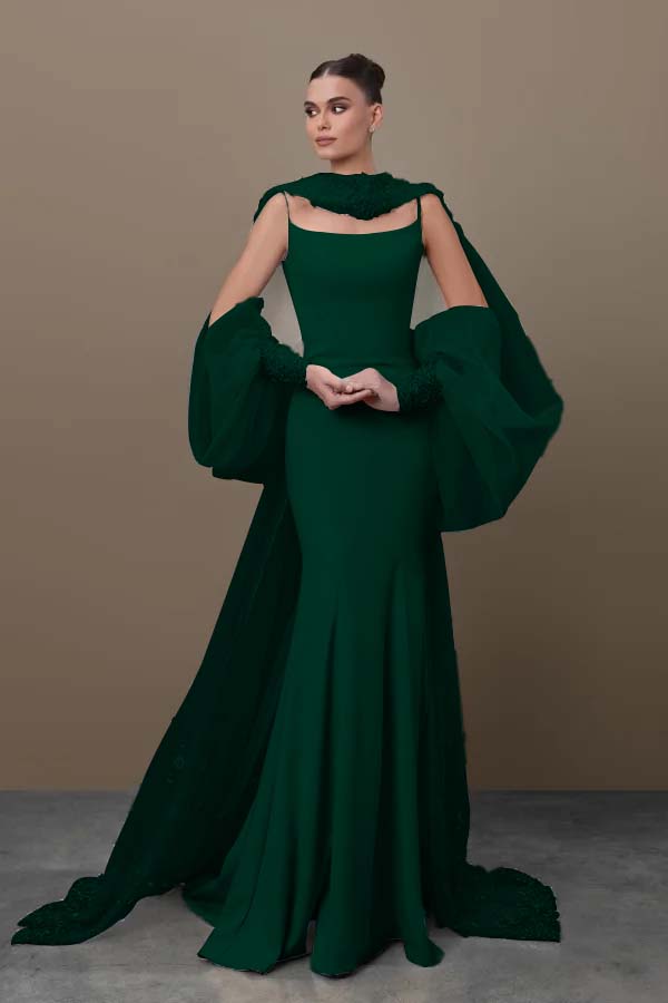 Blue Mermaid Prom Dress Long Sleeve Spaghetti Straps Satin Sequined Evening Dress