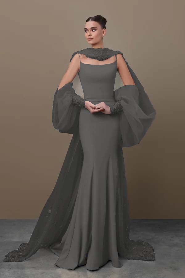 Blue Mermaid Prom Dress Long Sleeve Spaghetti Straps Satin Sequined Evening Dress