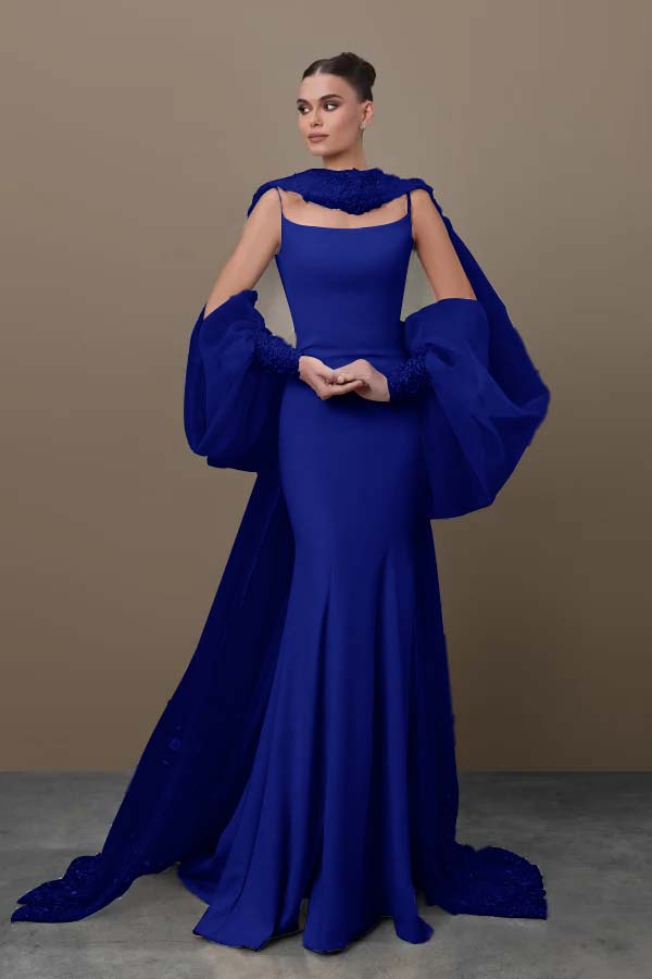 Blue Mermaid Prom Dress Long Sleeve Spaghetti Straps Satin Sequined Evening Dress