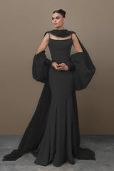 Blue Mermaid Prom Dress Long Sleeve Spaghetti Straps Satin Sequined Evening Dress