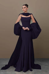 Blue Mermaid Prom Dress Long Sleeve Spaghetti Straps Satin Sequined Evening Dress