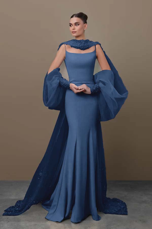 Blue Mermaid Prom Dress Long Sleeve Spaghetti Straps Satin Sequined Evening Dress