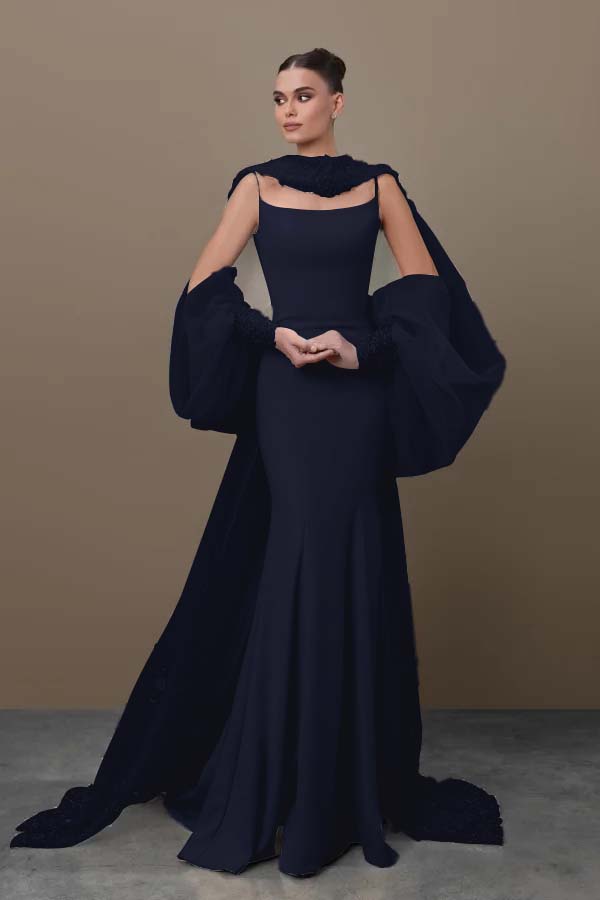 Blue Mermaid Prom Dress Long Sleeve Spaghetti Straps Satin Sequined Evening Dress
