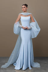 Blue Mermaid Prom Dress Long Sleeve Spaghetti Straps Satin Sequined Evening Dress