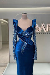 Blue Mermaid Prom Dress Long Sleeve V Neck Satin Sequined Evening Dress
