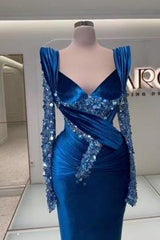 Blue Mermaid Prom Dress Long Sleeve V Neck Satin Sequined Evening Dress
