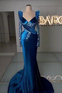 Blue Mermaid Prom Dress Long Sleeve V Neck Satin Sequined Evening Dress