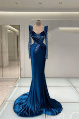 Blue Mermaid Prom Dress Long Sleeve V Neck Satin Sequined Evening Dress
