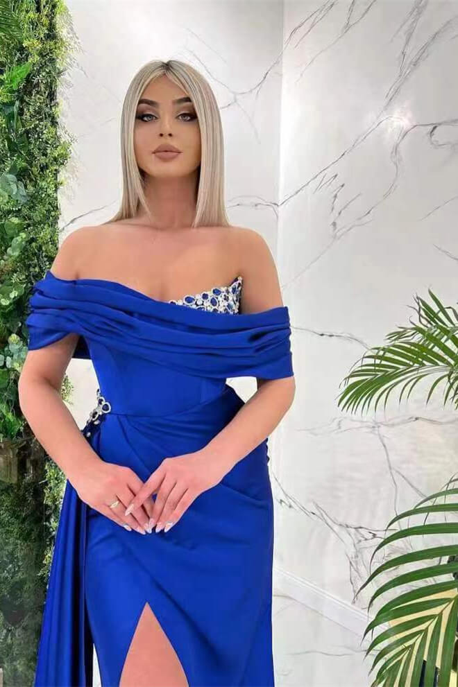 Blue Mermaid Prom Dress Off the Shoulder Beaded Evening Dress