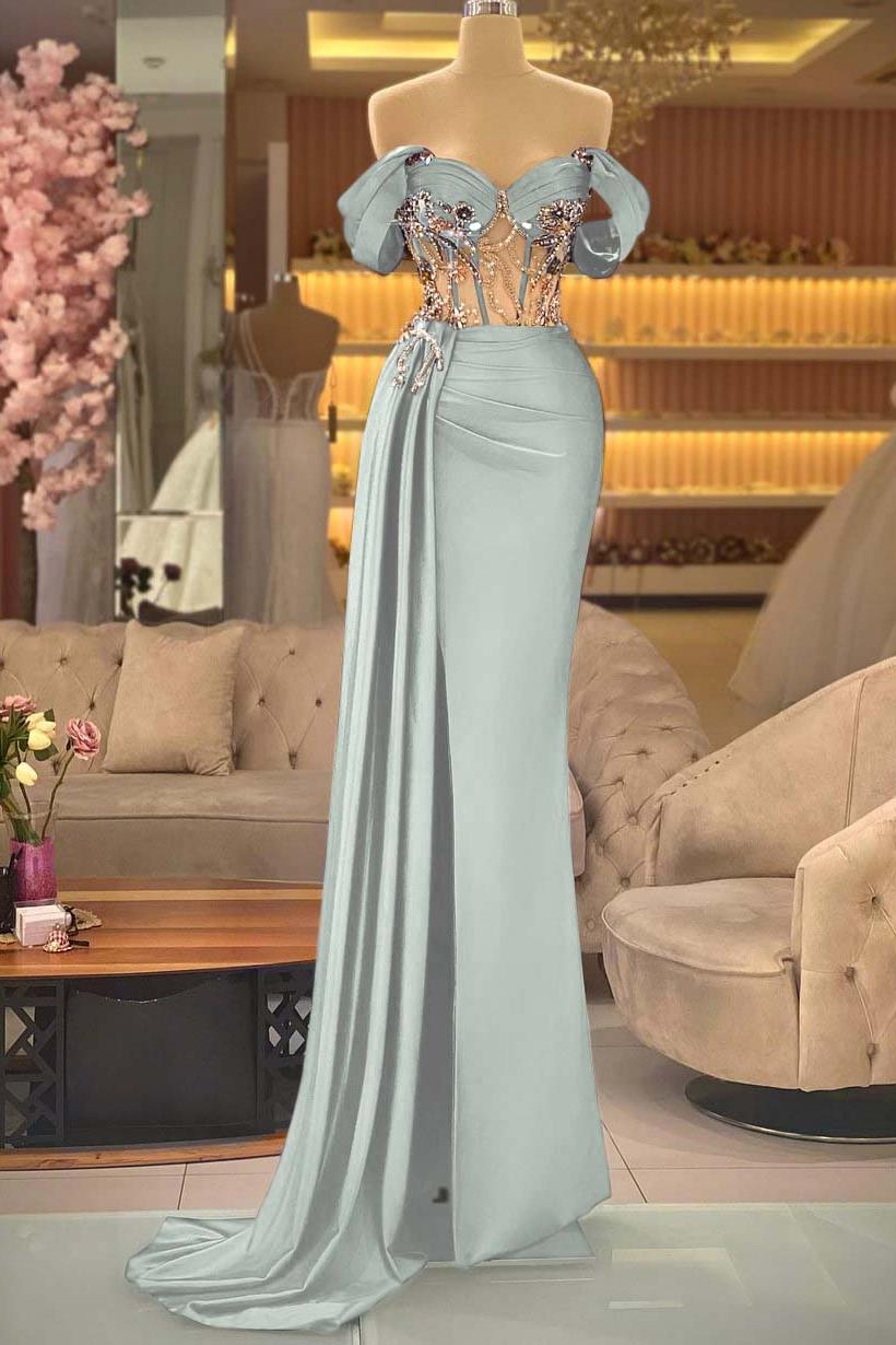 Blue Mermaid Prom Dress Off the Shoulder Beaded Evening Dress