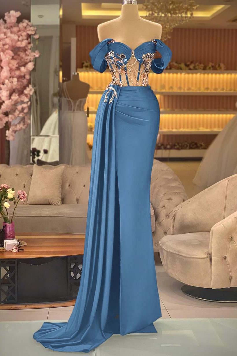 Blue Mermaid Prom Dress Off the Shoulder Beaded Evening Dress