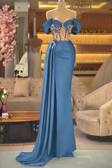 Blue Mermaid Prom Dress Off the Shoulder Beaded Evening Dress