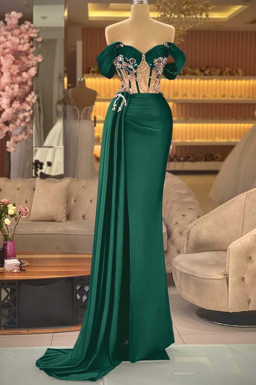Blue Mermaid Prom Dress Off the Shoulder Beaded Evening Dress