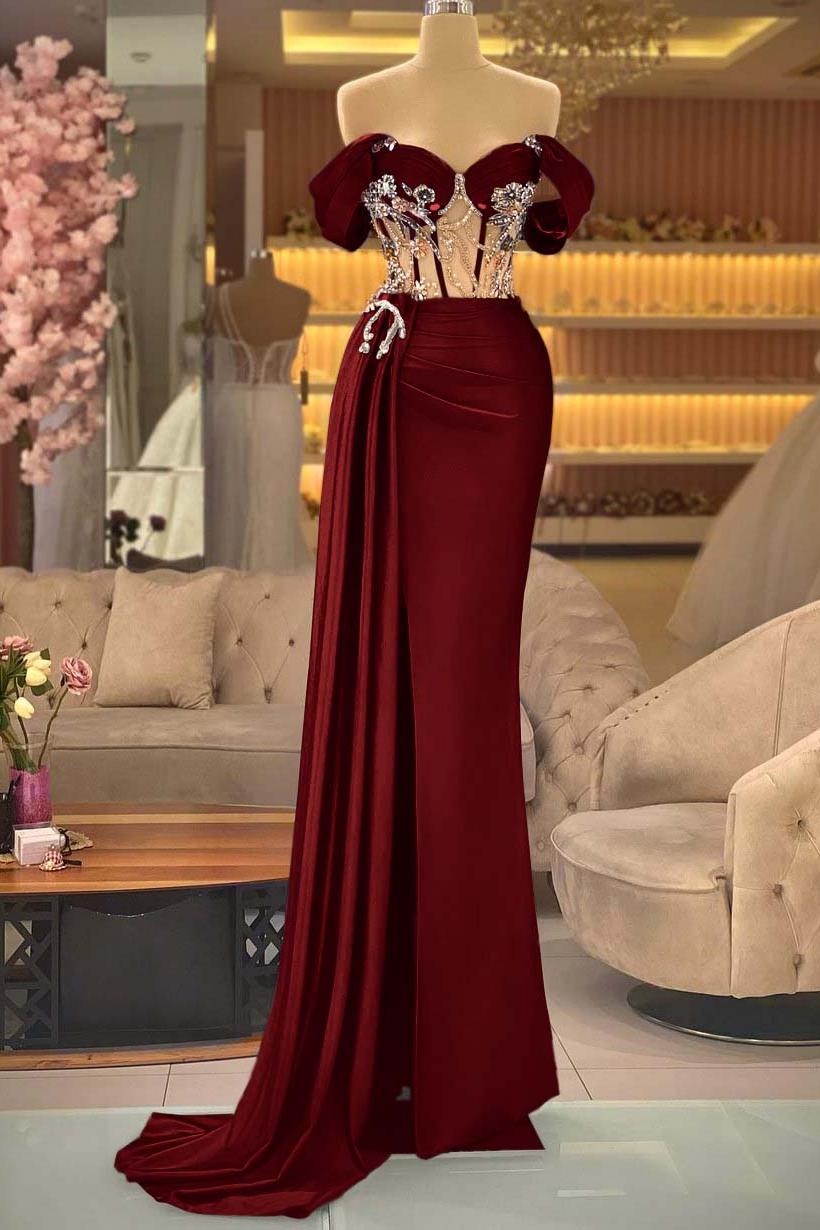 Blue Mermaid Prom Dress Off the Shoulder Beaded Evening Dress