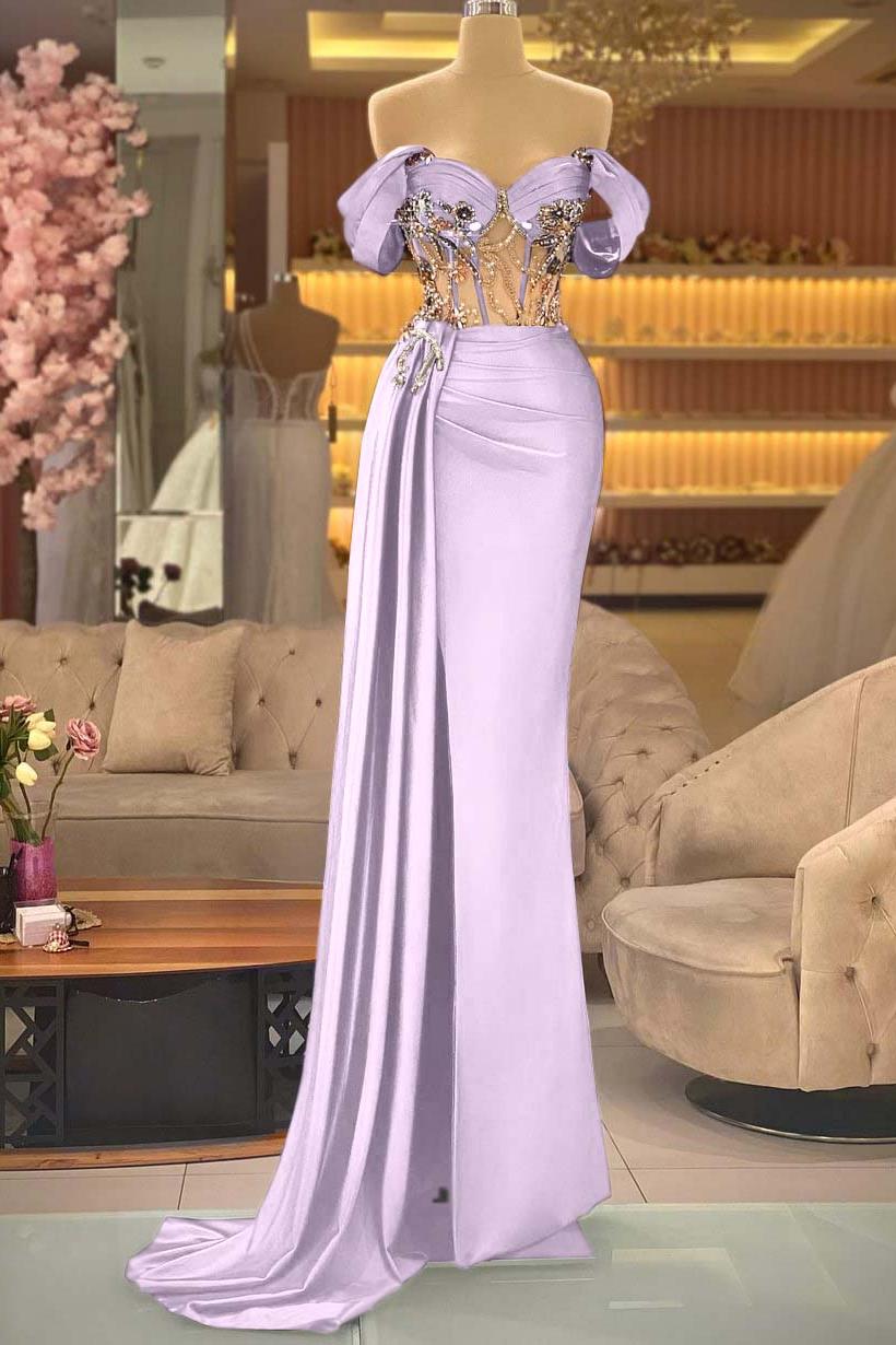 Blue Mermaid Prom Dress Off the Shoulder Beaded Evening Dress