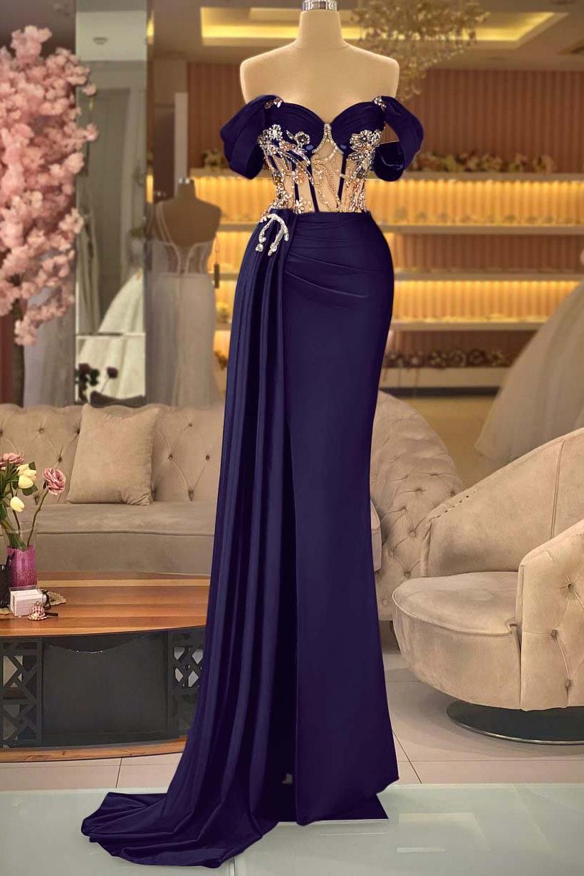 Blue Mermaid Prom Dress Off the Shoulder Beaded Evening Dress