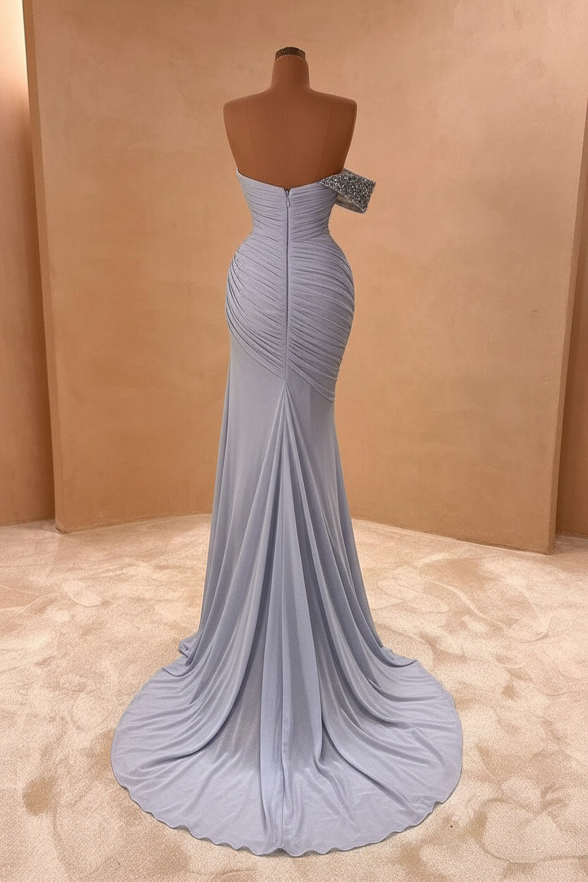 Blue Mermaid Prom Dress One Shoulder Beaded Evening Dress