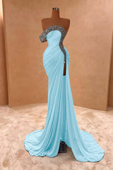 Blue Mermaid Prom Dress One Shoulder Beaded Evening Dress